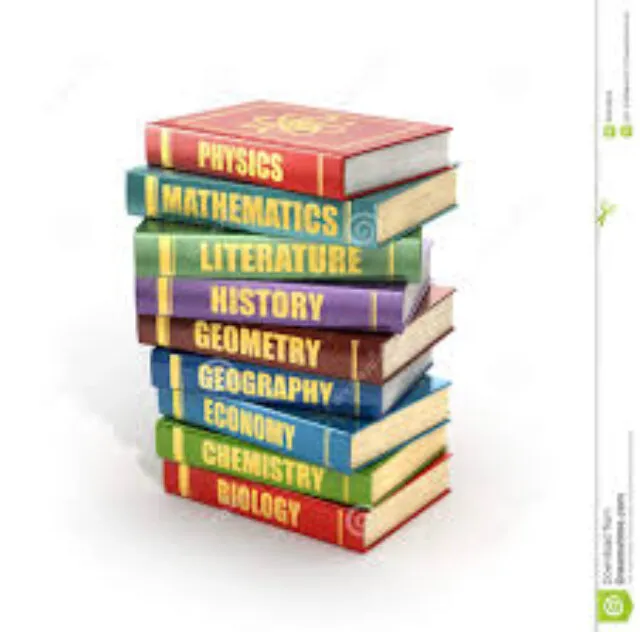 stack of books with subject titles