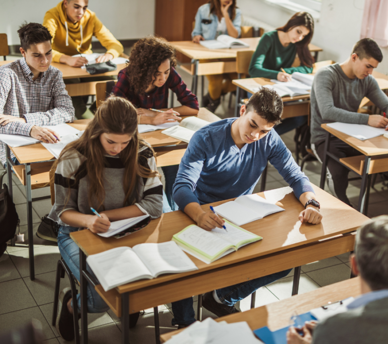 Students working hard in the classroom