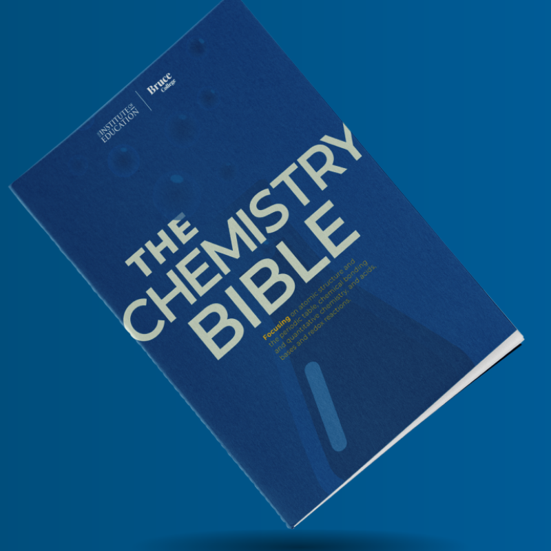 The Chemistry Bible textbook cover from the Institute of Education, Bruce College, listing topics including atomic structure, the periodic table, chemical bonding, and acids, bases, and redox reactions.