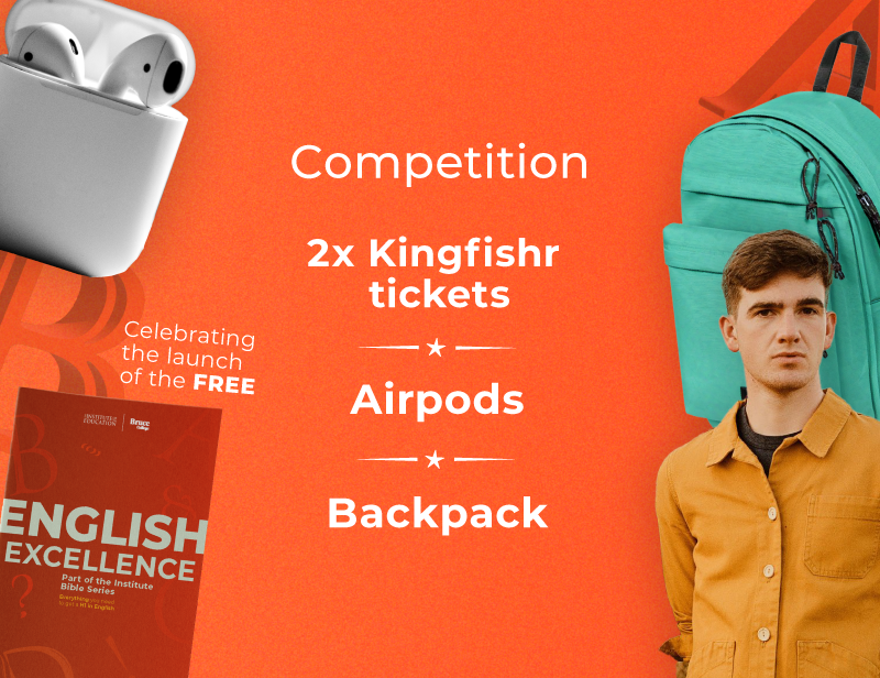 Competition graphic featuring AirPods, two Kingfishr tickets, a rucksack, and an English Excellence textbook on an orange background.